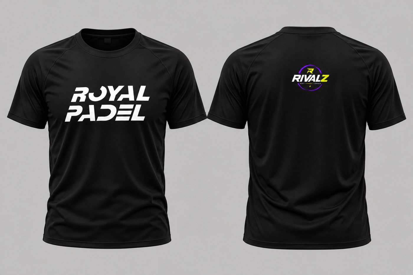Black T-shirt: ROYAL PADEL in white across the front, the RIVALZ badge on the upper back